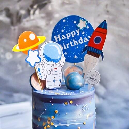Kids Space Rocket Them Party Decoration Spaceship Cupcake Toppers Cartoon Astronaut Outer Space Party Birthday Cake Decoration