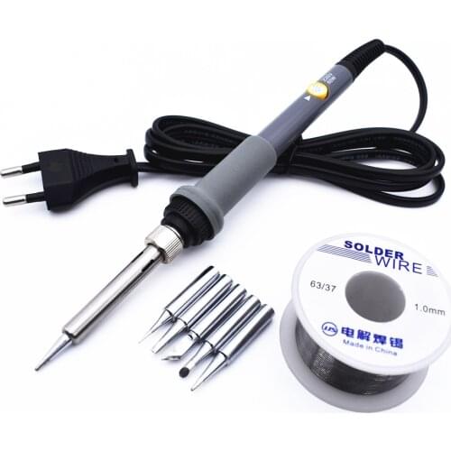 60W 220V Electric Soldering Iron Welding Wire 5 Solder Tips Kit Adjustable Temperature 200-450 Deg.C Internal Heating EU Plug