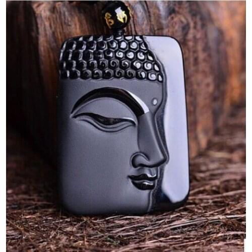 Exquisite Black 100% Natural Obsidian Sakyamuni Necklace Pendant