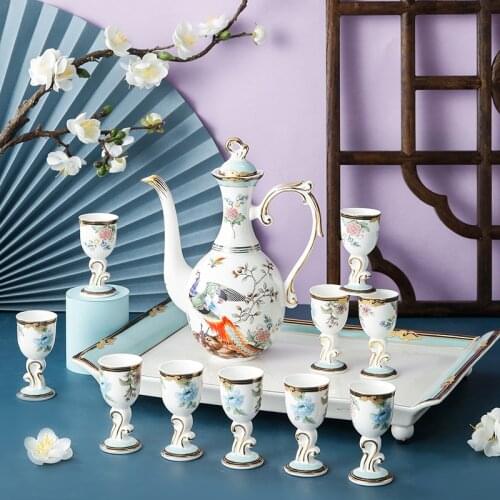 Ceramic Wine Set With Tray Teapot Warm Wine Pot Bone China Household Oriental 50ml Goblet Best Gift Choice