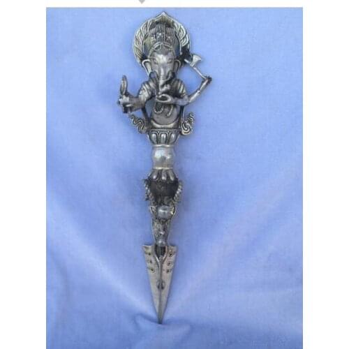 Copper Brass Home Handwork Tibet silver Buddhist Sword,Carved Elephant head /Ritual Dagger statue from tibetan ,Long 13 inch