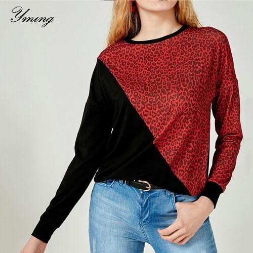 YMING Fashion Women Shirts Patchwork Blouse Boho Leopard Printed Blusas Long Sleeve Tunic O Neck Ladies Tops Female Streetwear