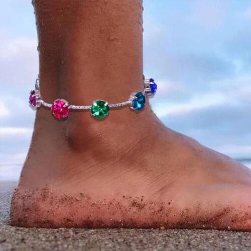 Stonefan Fashion Colorful Crystal Anklet Beach Chain for Women Bohemian Big Round Rainbow Ankle Bracelet on the Leg Foot Jewelry