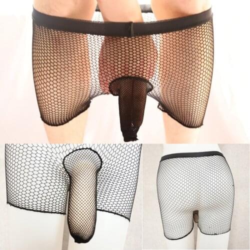 Hollow Mens Sexy Breathable Bikini Briefs See Through Mesh Underwear Open Penis Sheath Boxershorts Men Cuecas Masculinas 2021