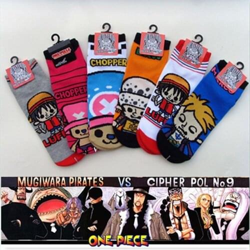 One piece cartoon striped socks Luffy Law Marco fashion casual fun novelty men sock spring summer breathable blue cotton socks