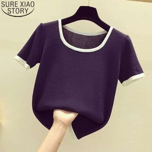 Simple Solid Cotton Knitted T-shirt 2021 Summer Elegant Women Square Collar Short Sleeve Causal Vintage Shirts Ladies Tops 9593