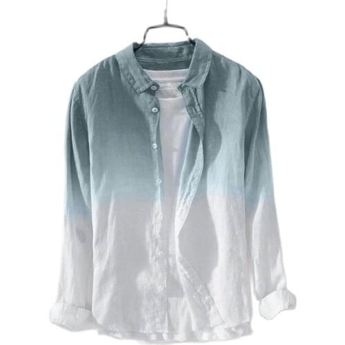 Fashion Gradient Casual Shirt Men Turn-down Collar Long Sleeve Loose Shirts Spring Summer Cool Thin Breathable Linen Clothes