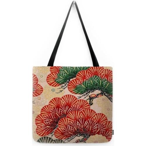 Japanese Traditional Pattern Red Pink Blue Floral Fashion Shopper Canvas Water Resistant Linen Tote Bag Japan Art Shoulder Bag