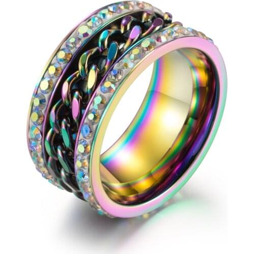 MIQIAO Stainless Steel Titanium Multi Rainbow Rotatable Spinning Chains Vintage Hip Hop Rings for Men Women Couple Gift Jewelry