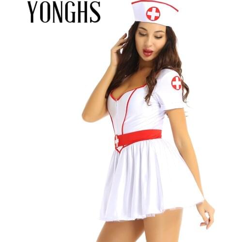 Women Naughty Nurse Cosplay Costume Halloween Party Outfit Sweetheart Neckline Short Sleeves Tutu Dress with Headband and Belt