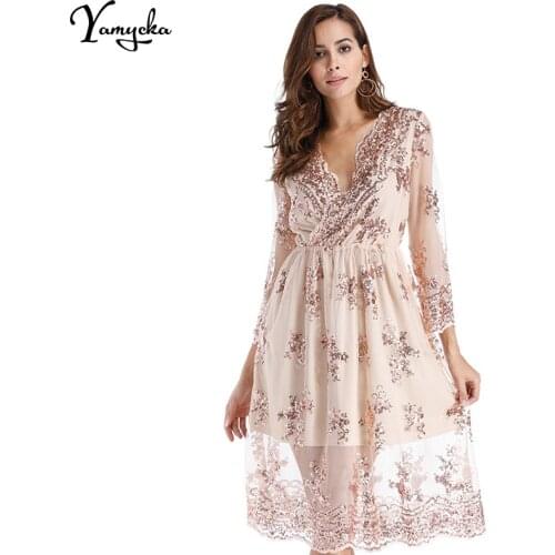 2020 V Neck Long Full Sleeve Sequins Party Dresses Women Sexy Mesh Streetwear Midi Dress Female Summer Natural Dress Vestido