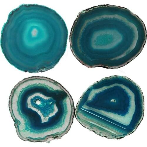 LBER 4Pcs Agate Slice Blue Agate Coaster Teacup Tray Decorative Design Stone Coaster Gold Edges Home Decor Gemstone Coaster