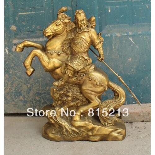 Bi00287 21"Chinese Bronze Dragon Guangong Hold Sword On Running Horse Animal Tree States