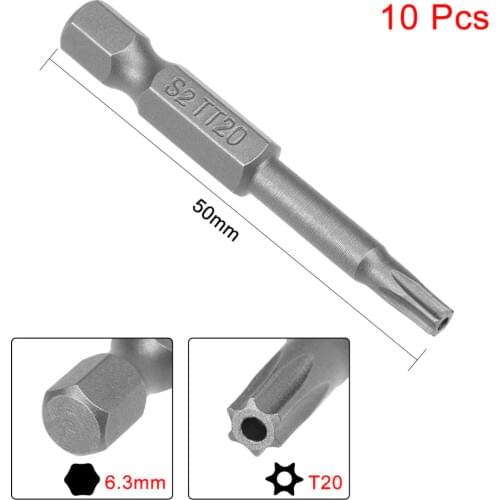 UXCELL Newest 10pcs 1/4" 50mm Hex Shank T20 Magnetic Torx Head Security Screwdriver Bits S2 High Alloy Steel