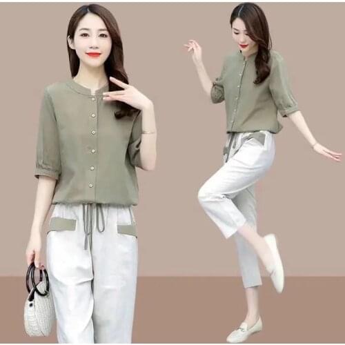 One-Piece/Suit Cotton Linen Women 2021New Large Size Womens Short-Sleeved Shirt Nine-Point Pants Two-Piece Female Top Set L658