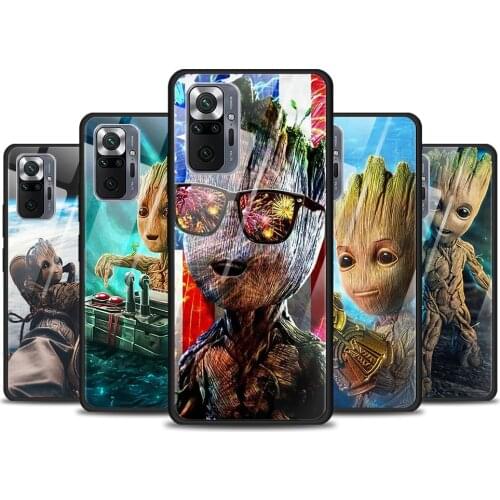 Groot Marvel Avengers for Xiaomi Redmi Note 10 Pro Max 10S 9T 9S 9 8T 8 7 Pro 5G Luxury Tempered Glass Phone Case Cover