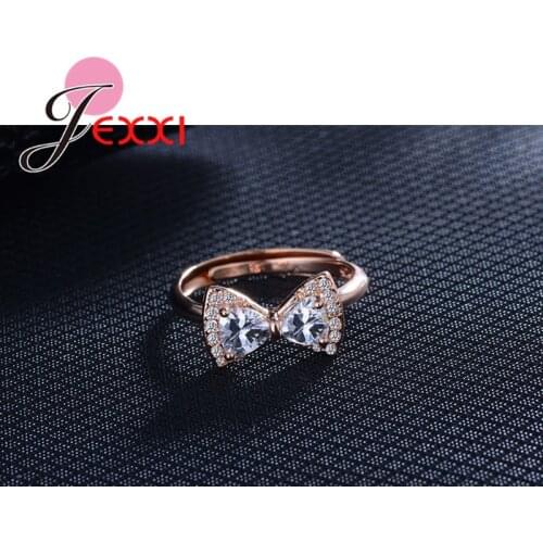 Elegance Lady Bowknot Style Fashion Crystal Cocktail Rings 925 Silver Or Rose Gold Color Ring For Dress Ball