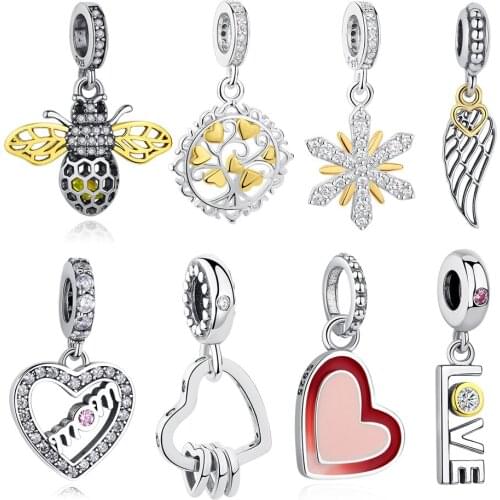 ELESHE 925 Sterling Silver Bee Charm Crystal Snowflake Tree Of Love Heart Pendant Beads Fit Original Charm Bracelet DIY Jewelry