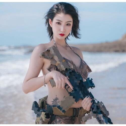 Camouflage Split Body Bikini Swimsuit Girl Small Breast Steel Support Gathering Swimsuit