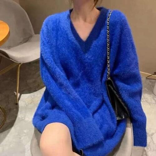 Cashmere Women Vintage Sweater Chic Jumper Oversized Knit Pullover Women V Neck Sweater Winter Thick Warm Korean Style Sweaters