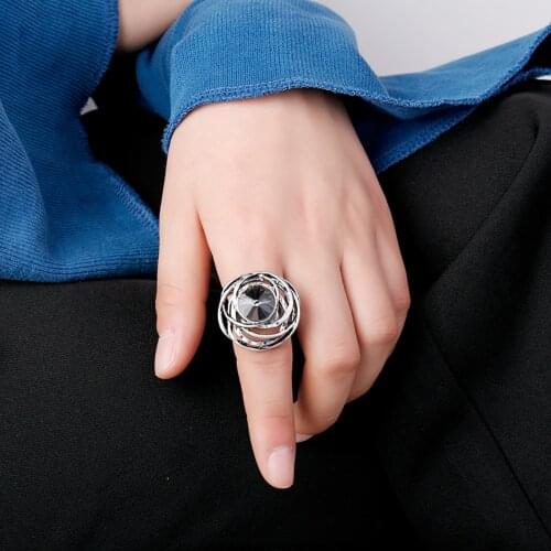 Fashion Black Crystal Rrings for Women Big Adjustable Finger Ring Irregular Geometry Vintage Wedding Bands Female Jewelry Gift