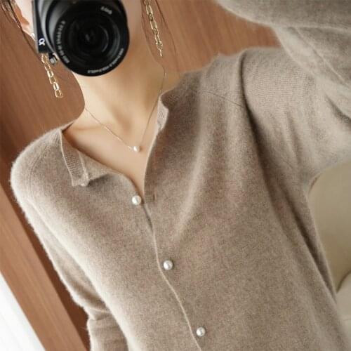 Spring and autumn new cashmere sweater cardigan womens fashion O-neck solid color short section was thin 100% wool top