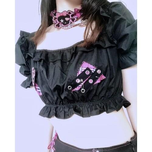 New Hot Girl Gothic Harajuku Rock Black Puff Sleeve Splicing Fashion Punk Navel Revealing Kawaii Cool Girl Top Suit
