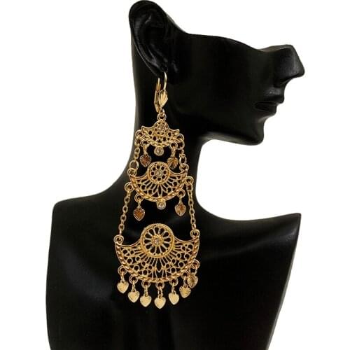 Luxury Heart Tassels Dangle Earring Gold Plated French Hook Moon Shape Drop Earrings Arabic Muslim Wedding Jewelry