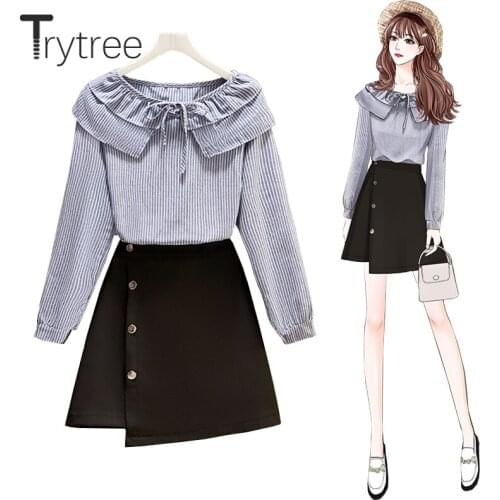Trytree 2020 Spring Autumn Two Piece Women Sets Casual Ruffled collar Bow Striped Shirt+ Mini Skirt Elastic Waist 2 Piece Set