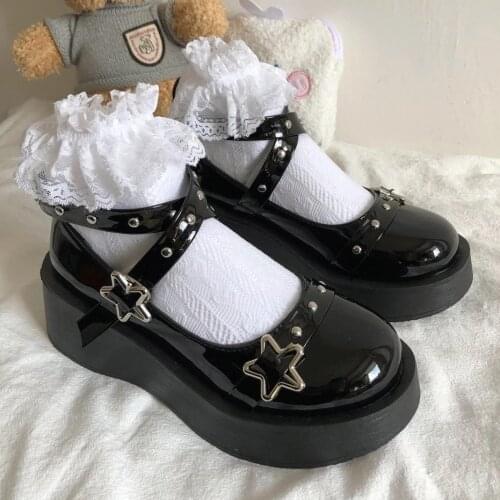 Lolita Shoes Star Buckle Mary Janes Shoes Women Cross-tied Platform Shoes Patent Leather Girls Shoes Rivet Casual Shoes