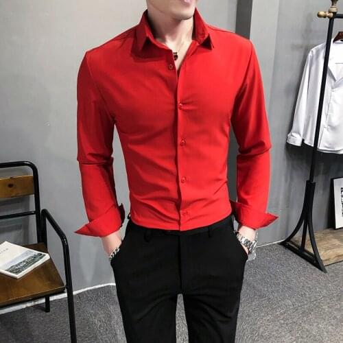 Solid Color Mens Long-sleeved Shirt M-5XL Slim Shirt British Shirts Men Dress Business Casual Shirt Red Green Korean Men Clothes