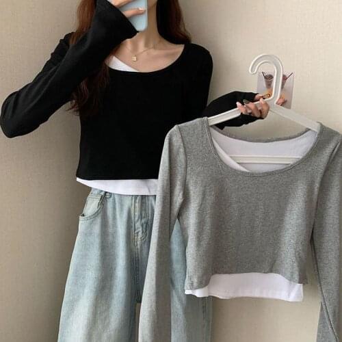 Patchwork t-shirts female short long-sleeved fake two-piece T-shirt 2021spring new design sense slim irregular umbilical clothes