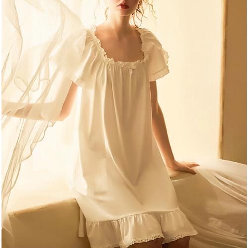 Womens Lolita Princess Dress Sleepshirts Vintage Stringy Selvedge Square Collar Nightgowns.Cotton Nightdress Sleep Loungewear