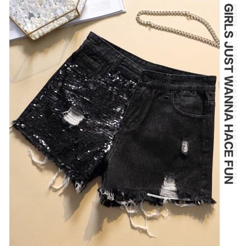 PLUS SIZE 2020 Summer Women Shorts Casual Loose Sequins Hole Tassel Cowboy Short Fashion All-Purpose Style Office Lady Shorts