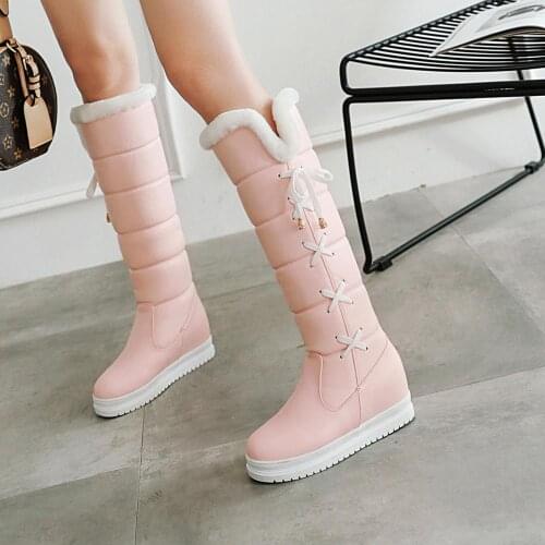 2019 New Winter Women Knee-High Boots Height Increasing Middle Heel Round Toe Sexy Ladies Women Platform Shoes Black Snow Boots