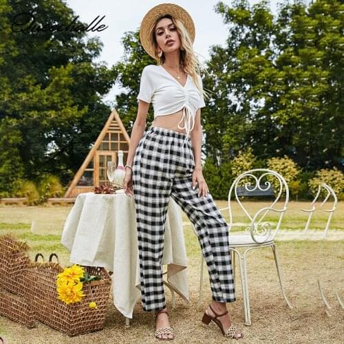 2 pieces Sets New 2021 Summer Sweatshirt Suits Women Streetwear White Drawstring Ties Short Tops Plaid Pants Casual Suit