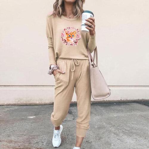 New Arrival Two Piece Sets Women Cute Print Long Sleeve and Solid Color Pants Autumn Suit Female Casual Length Trousers Outfits