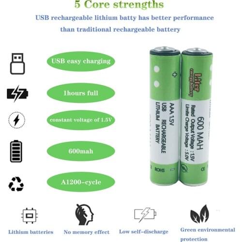 1.5V AAA Rechargeable Battery 600mAh USB Rechargeable Lithium Polymer Battery Quick Charging by Micro USB Cable