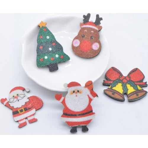 10Pcs Printed Santa Claus Tree Deer Bell Padded Glitter Leather Appliques for DIY Headwear Hair Clips Band Bow Decor Accessories