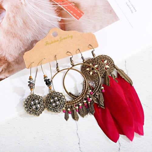 3 Pairs/Lot Bohemian Leaf Feather Tassel Earrings Womens Summer Indian Jewelry Gold Dreamcatcher Jhumka Earrings