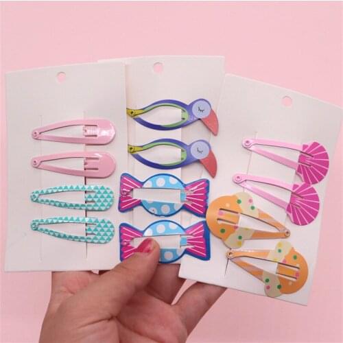 4Pcs 5cm Cute Cartoon Printed Snap Hair Clips Solid Kids Girls Hair Accessories Metal Barrette Hairpins Color Hairgrip Headband