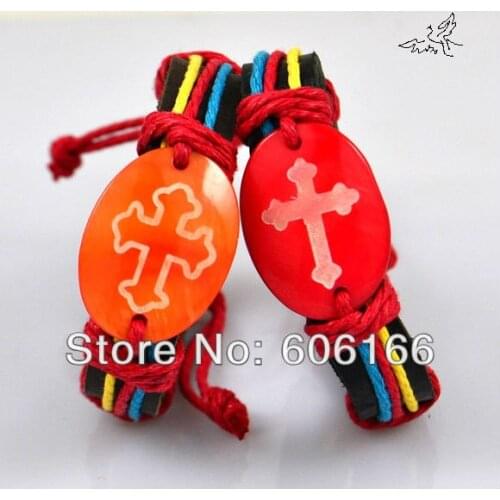 48pc/lot Shell Cross Wristband Leather ID Bracelets Mix Color Catholic Christian Fashion Religious Jewelry Free Shipping