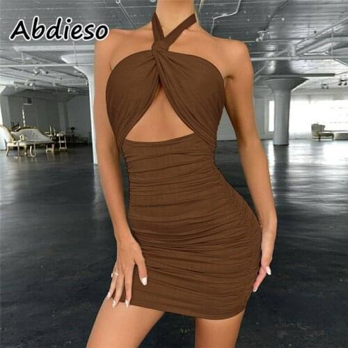 Abdieso Brown Cut Out Mini Backless Sexy Dress Women Party Club Outfits 2021 Black Ruched Sleeveless Halter Summer Bodycon Dress