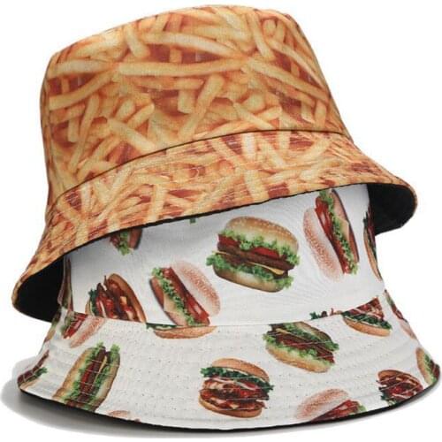 Unisex Double Sided Reversible Bucket Hat Cartoon Sushi Hamburger Food 3D Digital Print Wide Brim Packable Fisherman Cap