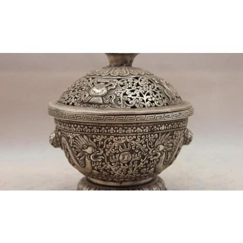 China White Copper Silver 2 Dragon Play Bead Bowl Pot Incense Burner Censer