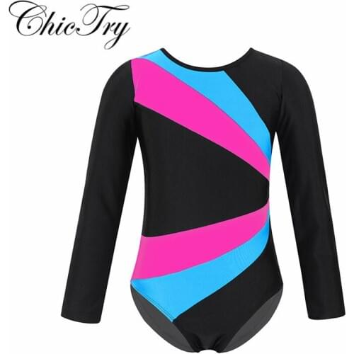 Children Kids Girls Long Sleeves Color Block Cutout Back Ballet Dance Gymnastics Leotard Jumpsuit for Ballet Dance Performance