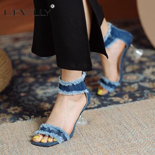 Lsewilly 2021 Summer Denim Jeans Sexy Open Toe Platform Block High Heels Shoes Womans Zipper Gladiators Blue Sandals Women