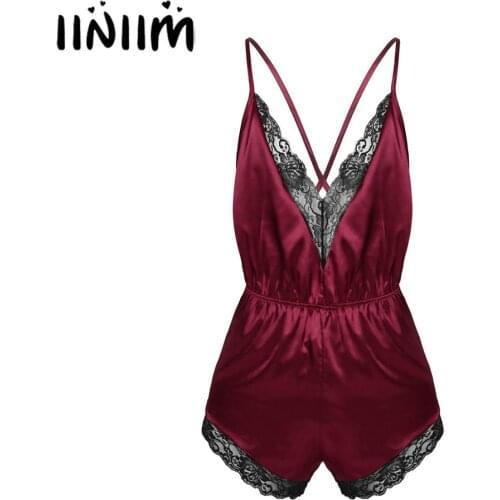 Mens Male One-piece Lingerie Babydoll Spaghetti Strap Lace Trimmed Jumpsuit Satin V-neck Pajamas Sleepwear Nightwear 2020 New