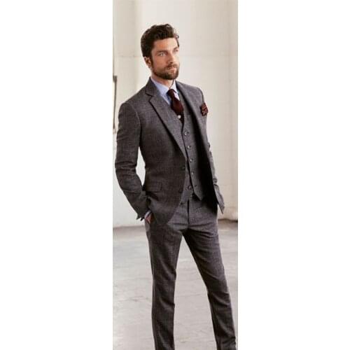 2017 Latest Coat Pant Design Grey Tweed Men Suit Jacket Groom Tuxedo Slim Fit Skinny 3 Piece Style Suits Custom Blazer Masculino