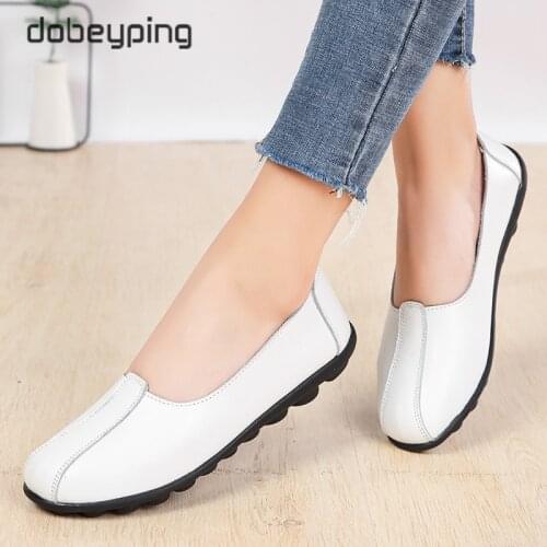 New Spring Autumn Shoes Woman Genuine Leather Womens Flats Slip On Mother Loafers Soft Female Walking Shoe Large Size 35-44